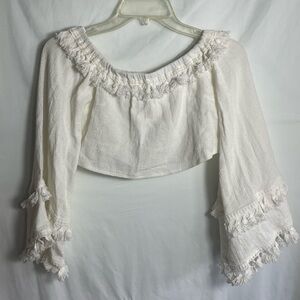 Hallelu Off White Off Shoulder Boho Crop Top Bell Sleeve Tassel Fringe Small